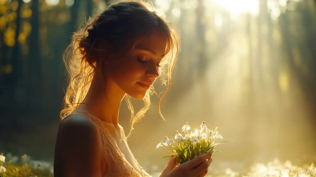 Young woman cradling a bouquet of delicate snowdrops, savoring the tranquil beauty of a sunlit forest during the vibrant spring season.