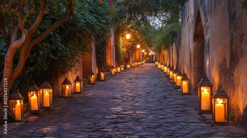 Poster a cobblestone path lined with glowing lanterns creates a warm and inviting ambiance in a charming ol
