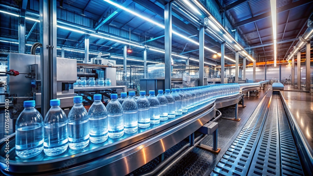 Poster clear water bottles on a production line in a modern factory setting showcasing efficiency and preci