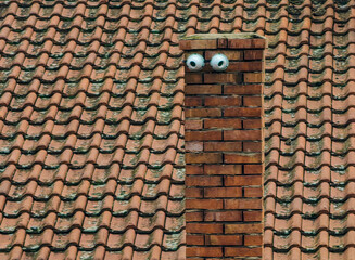  Abstract White Bulging Eyes on Brick Chimney with Rooftop Ceramic Background