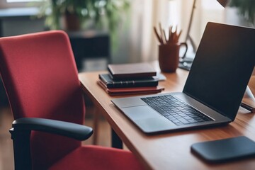 Minimalist Home Office Workspace with Laptop and Red Chair