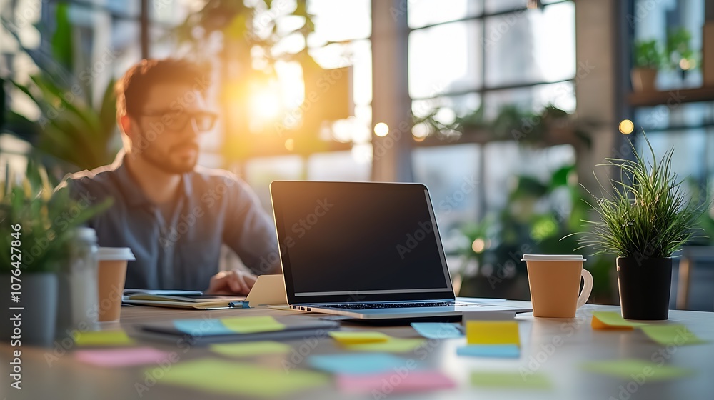 Poster professional man working in bright office with laptop and greenery : generative ai