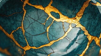 Close-up of a teal and gold textured surface, with cracks filled with shiny gold. The texture is abstract and intricate.