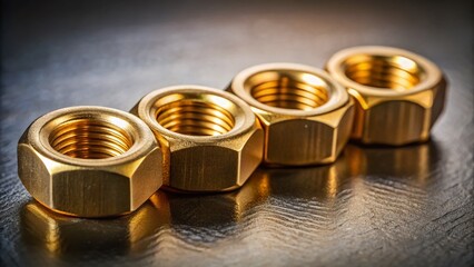 Close-up Image of Four Brass Nuts Aligned on a Textured Gray Surface, Highlighting Industrial Details and Materials for Mechanical and Engineering Themes