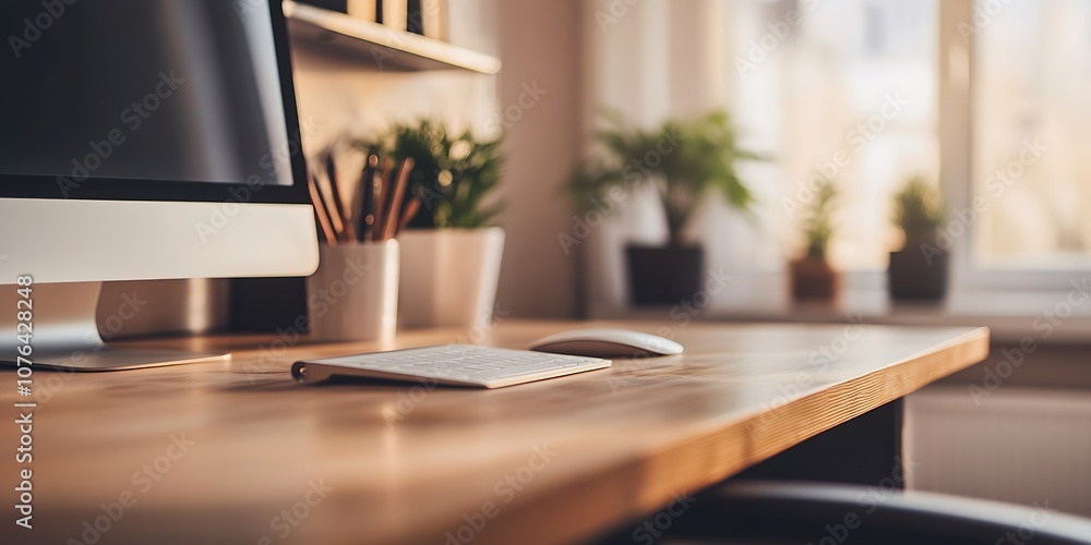 Poster modern minimalist home office desk with greenery and computers in natural light : generative ai