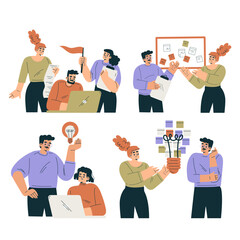 Productive Team with Business Man and Woman Work Together Vector Set