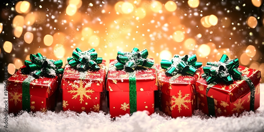 Poster Row of Red and Green Festive Gift Boxes with Snowflakes and Bow Toppers : Generative AI
