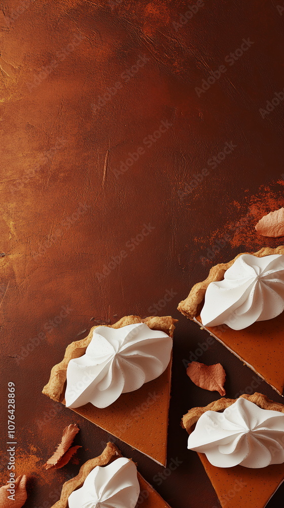 Fototapete elegant banner with pumpkin pie slices and whipped cream on a dark rust solid background thanksgivin
