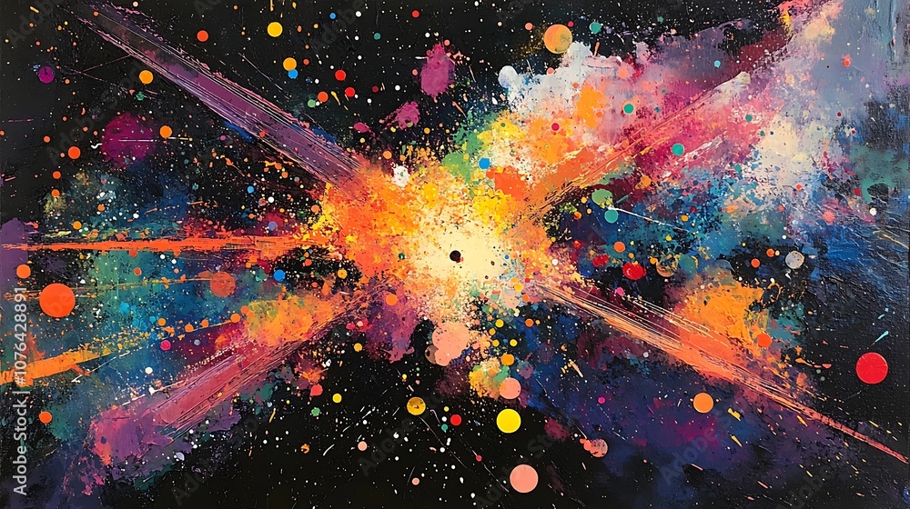 Poster Abstract colorful galaxy with exploding stars and swirling nebulae.