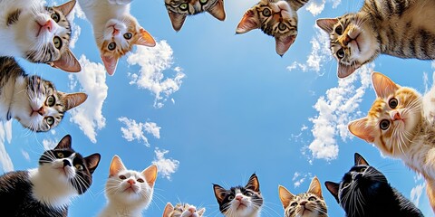 Group of Playful Cats with Curious Expressions Gathering Under Sunny Sky : Generative AI