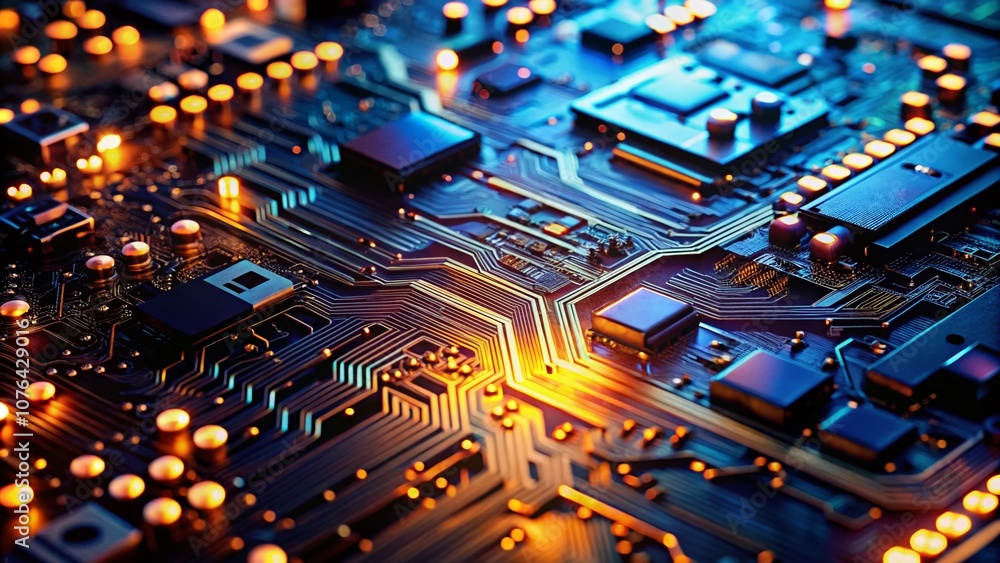 Poster close-up of a glowing circuit board showcasing intricate patterns and vibrant colors, perfect for te