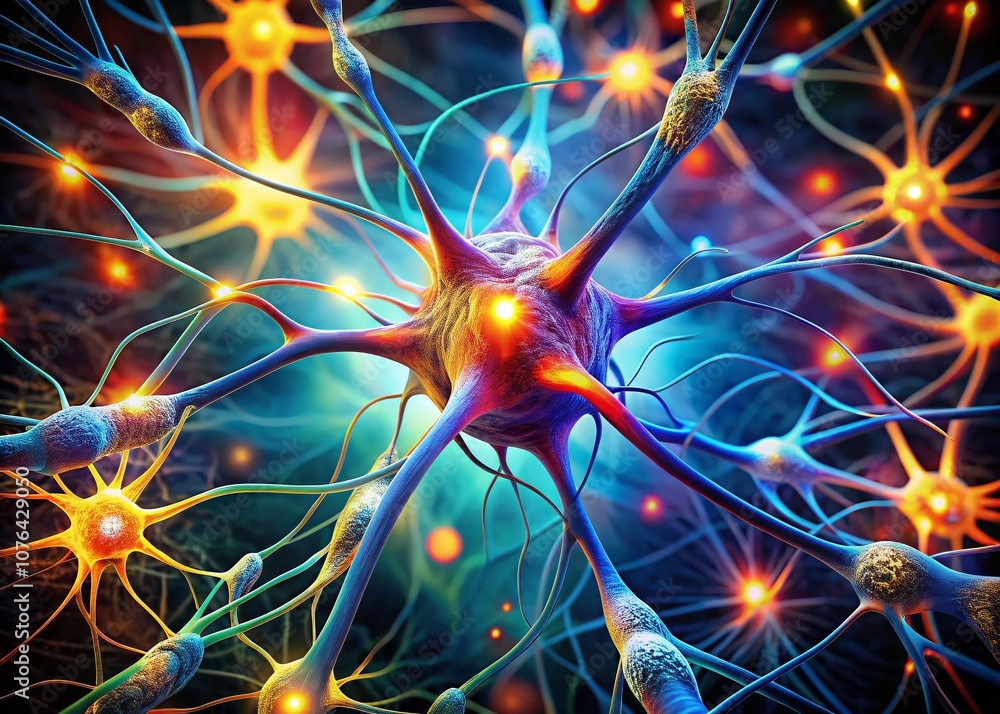 Poster close-up of a glowing neuron network with energy connections in a colorful scientific illustration s