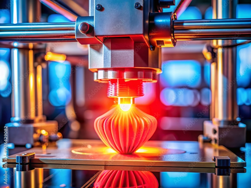 Poster close-up of a glowing red 3d printer nozzle in long exposure capturing intricate details of a projec