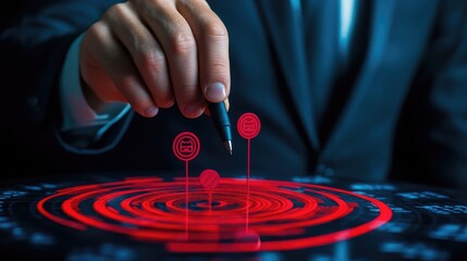 A hand uses a stylus to interact with a digital interface showing a red target. The interface is layered over a black background.