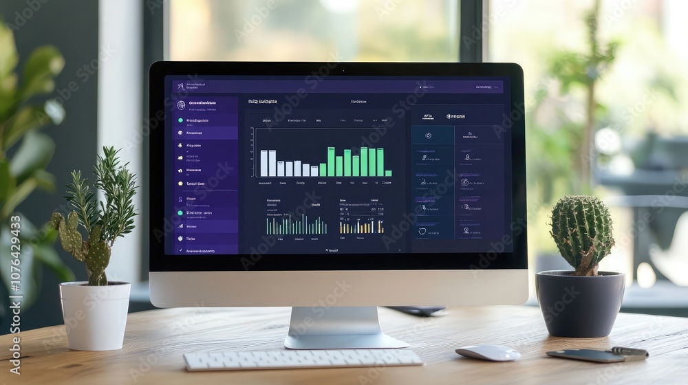 Poster a desktop computer with a dark theme interface displaying graphs and data analysis. the screen shows