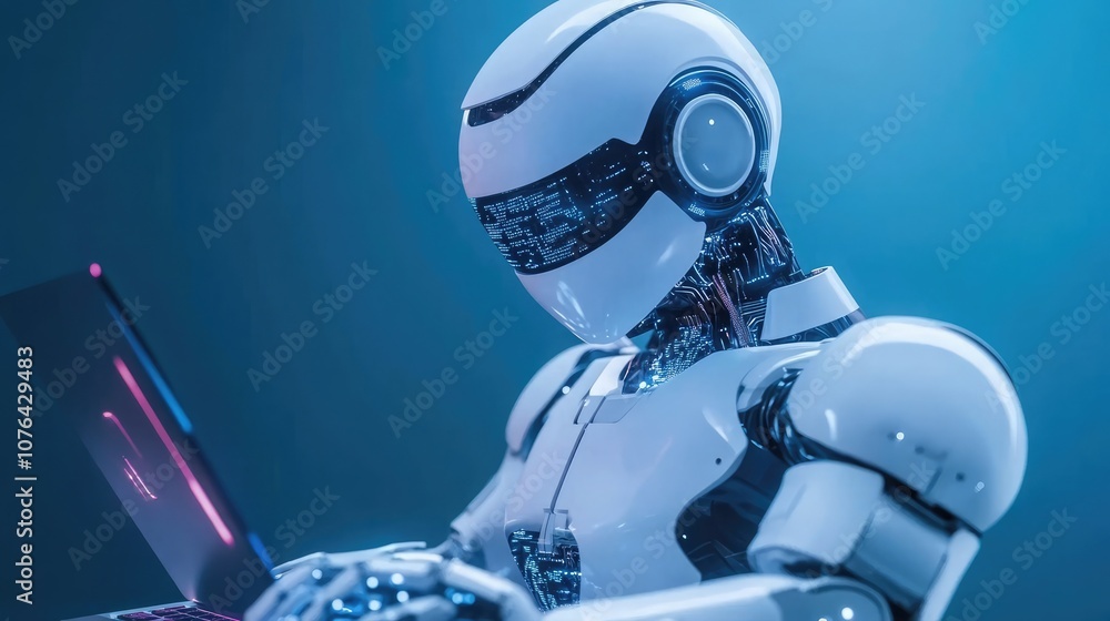 Poster a white humanoid robot sits in front of a computer, its face illuminated by a blue light. the robot'