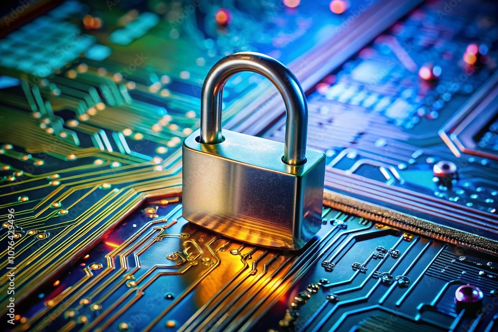 Poster close-up of a padlock on a circuit board representing cybersecurity and data protection in digital t