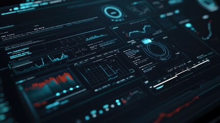 Obraz premium A close-up shot of a computer screen displaying a variety of data and graphs. The screen is dark with blue and red highlights.