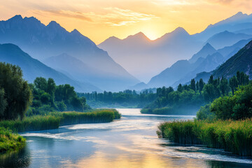 Watercolor Mountain and River Scenery, Serene Art