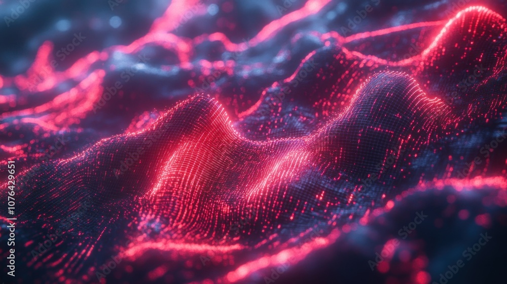 Poster abstract 3d render of red and blue neon lights on a wireframe surface