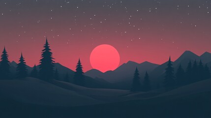Naklejka premium Big red sun setting behind mountains in a conifer forest
