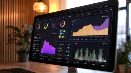 A computer screen displaying data visualizations, including bar graphs, line graphs, and pie charts. The data is displayed in a dark theme with vibrant colors.
