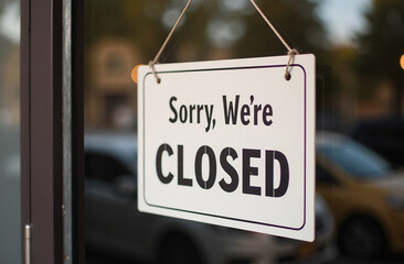 Sorry, we are closed, sign hanging on glass door of cafe or store.