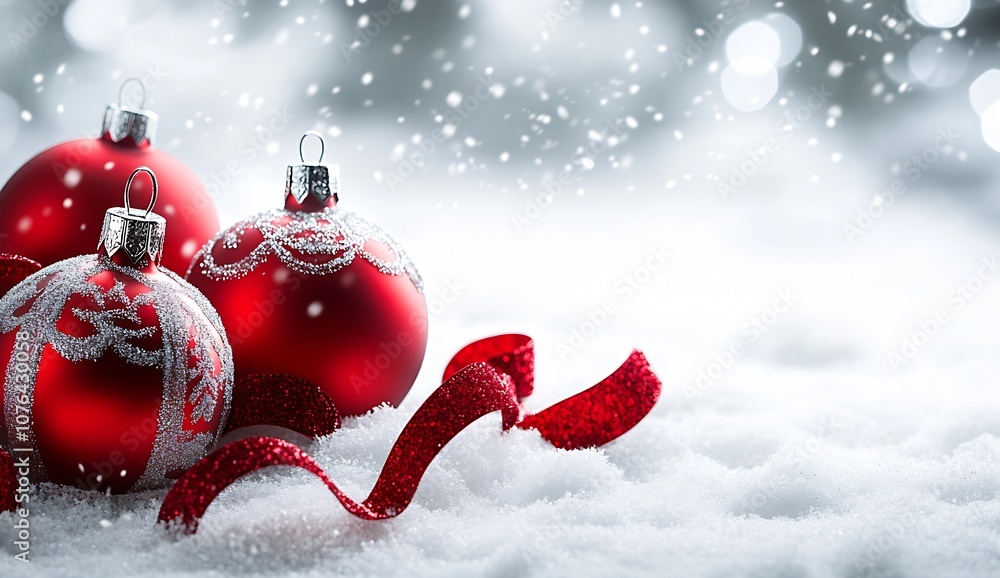Poster festive red christmas baubles and ribbon decorated in snow with bokeh : generative ai