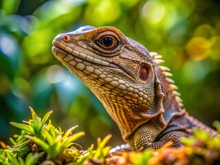 Obraz premium Close-Up of a Wild Brown Lizard Showcasing Intricate Scales and Textures in Natural Habitat with High Depth of Field for Stunning Detail and Clarity in Nature Photography
