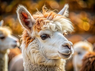 Obraz premium Close-Up of a Woolen White and Brown Alpaca's Head and Neck in Natural Light Capturing the Unique Texture and Color Patterns of Its Fleece Against a Soft Blurred Background