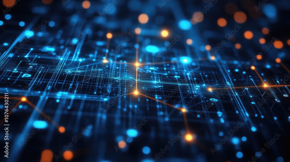 Poster abstract digital background with glowing blue and orange lines forming a complex network.