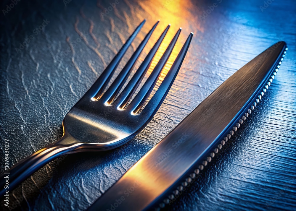 Poster close-up of an illuminated serrated knife edge and fork prongs for culinary backgrounds, highlightin