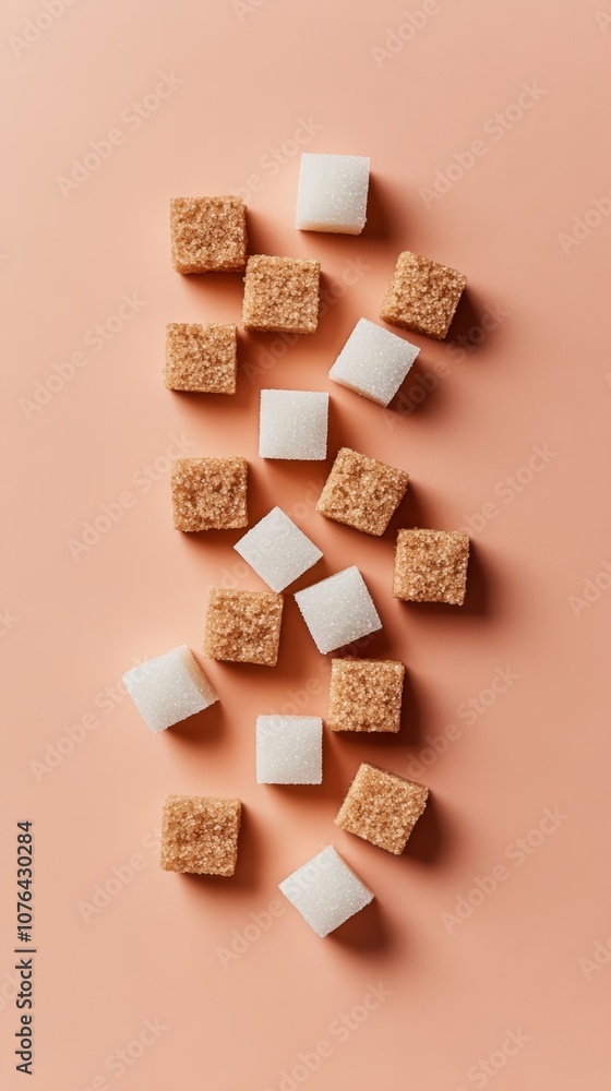 Poster white and brown sugar cubes are arranged on a pastel orange background, symbolizing the concept of s