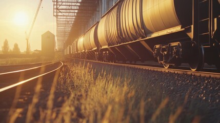 Obraz premium Train Moving Through Industrial Area at Sunset