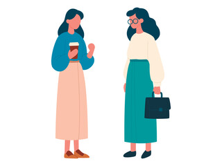 Young people, students, girls, discussing, with bags and coffee in their hands