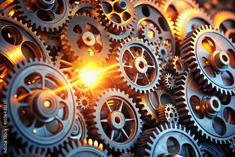 Poster close-up of interlocking gears with glowing elements, highlighting advanced industrial design and te
