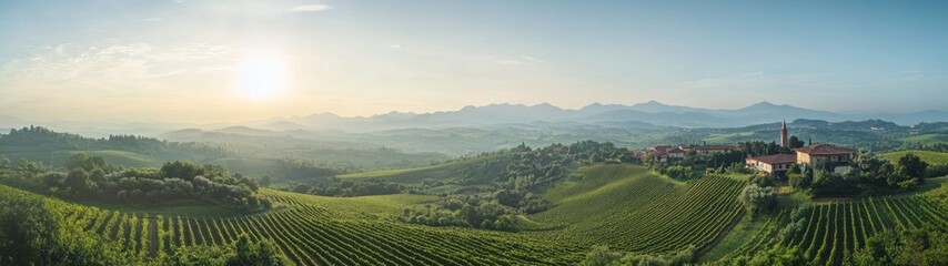Fototapeta premium Sunlit Italian Vineyards and a Village in the Hills