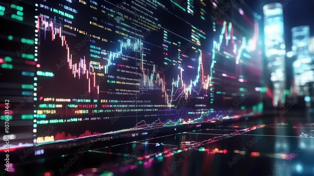 Poster a close-up of a stock market chart with numbers and graphs illuminated in vibrant colors. the backgr