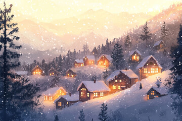 Cozy Winter Village in Snowy Mountain Landscape with Illuminated Cottages and Cabins
