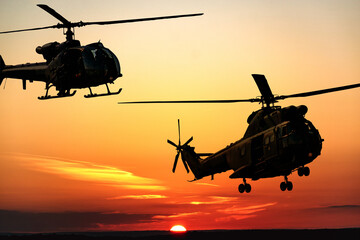 Silhouette of combat helicopters at sunset in the sky, gazelle and puma side view, air...