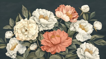 Romantic White and Peach Peonies on Dark Background Floral Arrangement