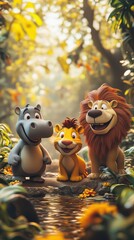 Fototapeta premium 3D cute animal safari friends in a playful jungle , hippo, wolf, lion, happiness, surrounded of lush foliage.