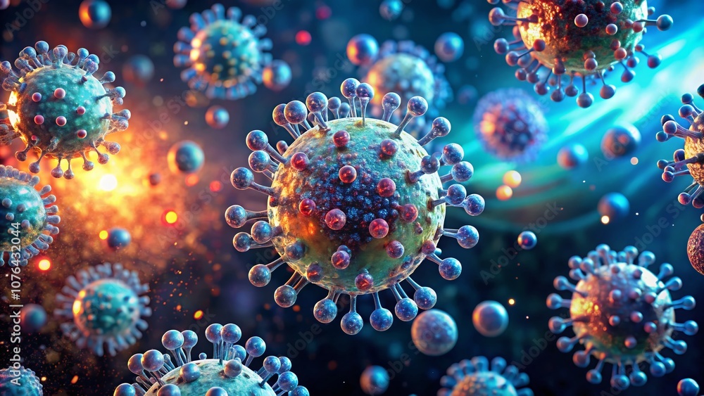 Poster close-up of viral particles in fluid with bubbles captured in low light, showcasing intricate detail