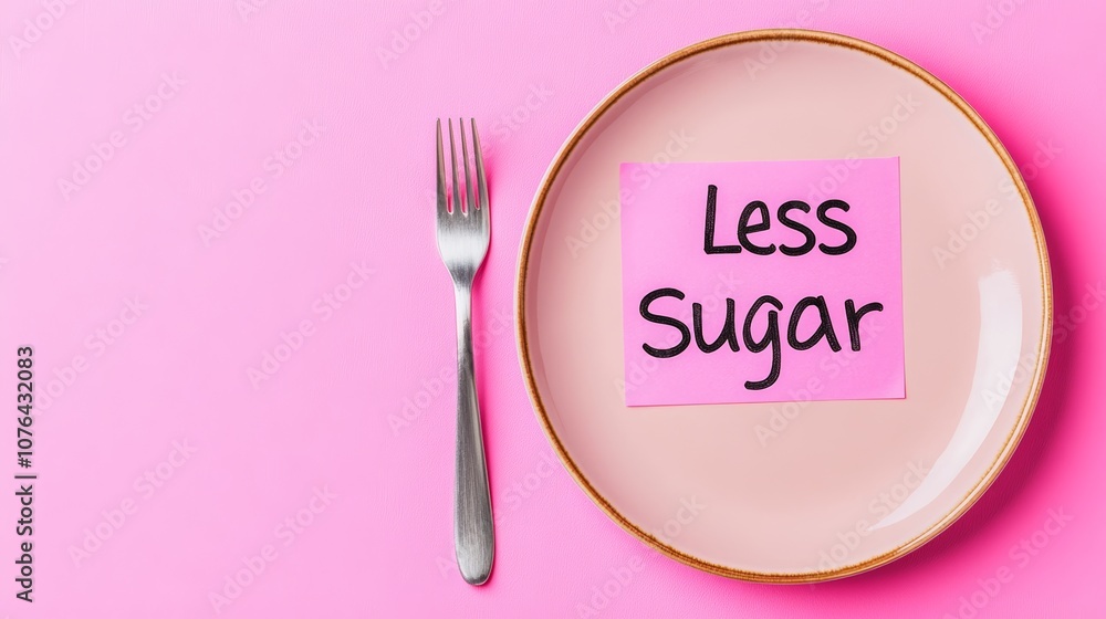 Aufkleber Pink sticky note with handwritten less sugar message placed on empty plate with fork aside promoting sugar free or sugar reduction diet and healthy lifestyle concept on pink background