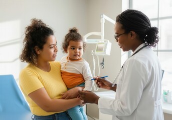 Doctor talking with mother and baby girl during medical consultation in hospital room