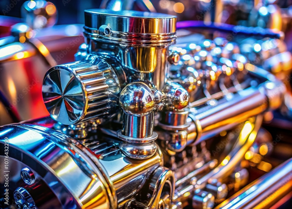 Poster close-up tilt-shift photography of a shiny silver engine showcasing intricate details and reflection