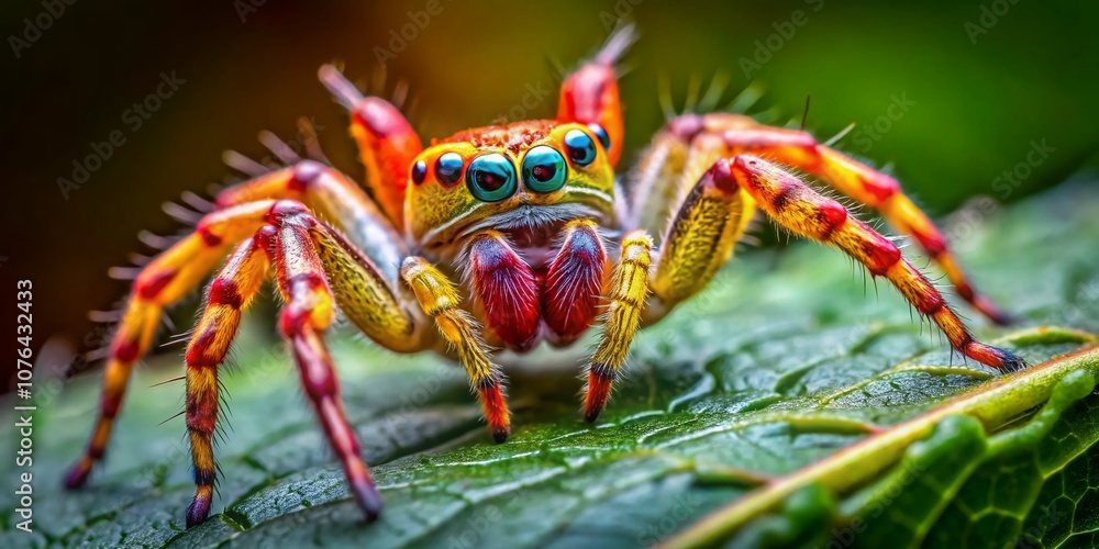 Poster close-up view of a colorful variable crab spider with detailed features and natural habitat setting,