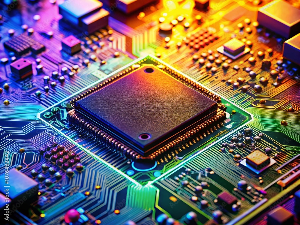 Poster close-up view of a computer chip on a circuit board, showcasing intricate details of technology and 