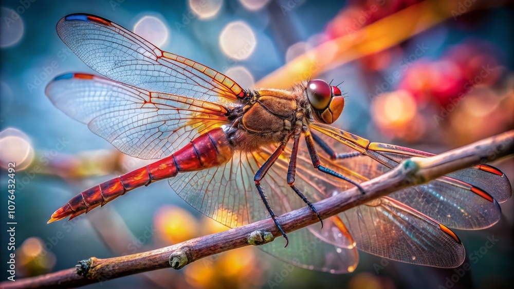 Poster close-up view of a red brown dragonfly resting on a branch with a blurred background captured in sur