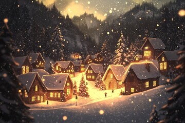 Naklejka premium Enchanting Snowy Village Scene with Twinkling Lights in a Peaceful Winter Landscape